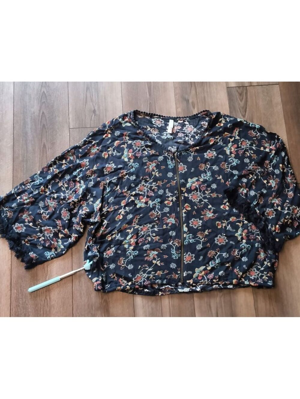 Xhilaration Jacket Style XXL Boho Tassel Full Zip Kimono Sleeve Navy Pockets